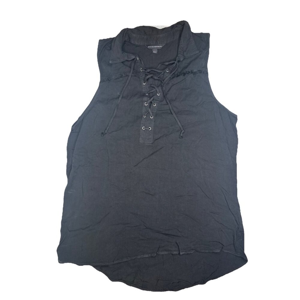 Rock & Republic Black Sleeveless Collared Top Lace Up V Neck Goth Biker Size L